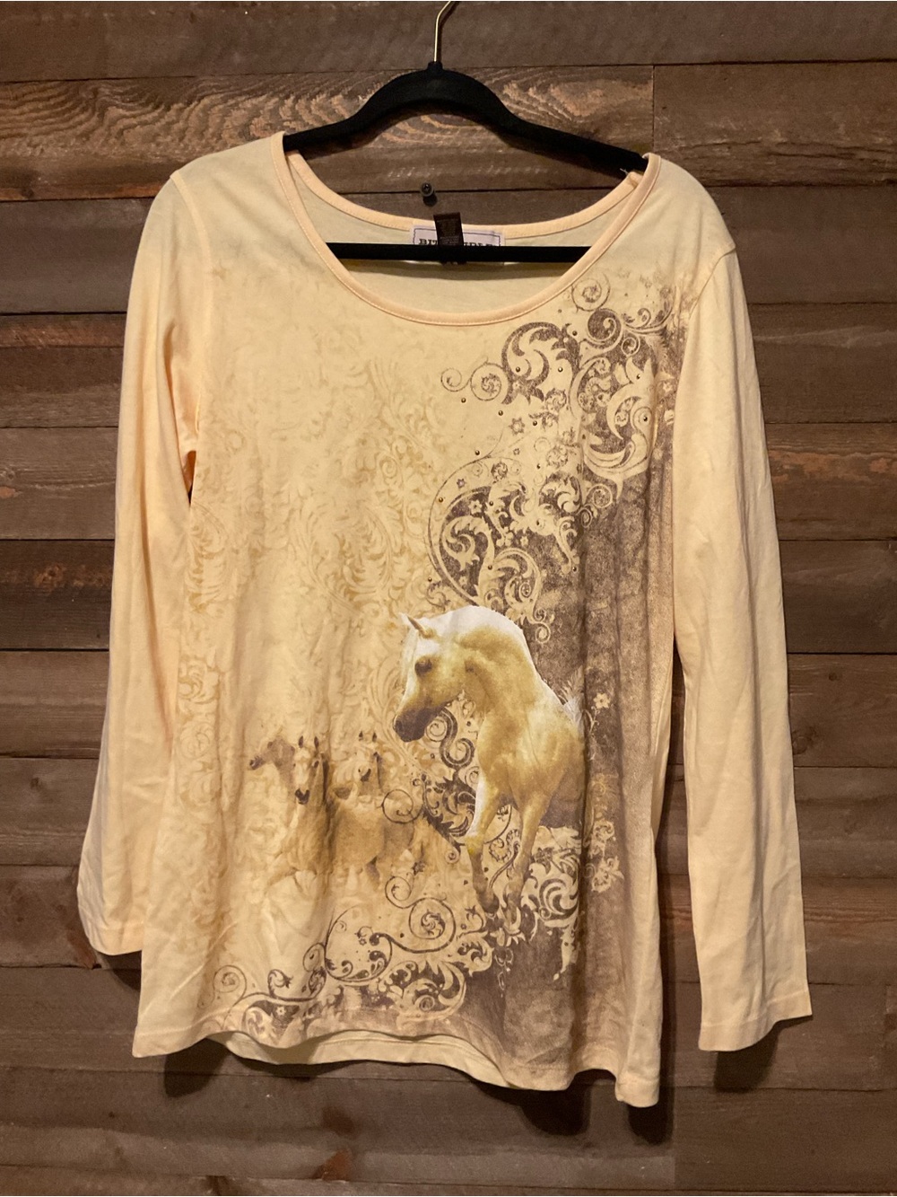 Bit & Bridle Yellow Long Sleeve T-Shirt With Horses Scroll Filigree Size XL
